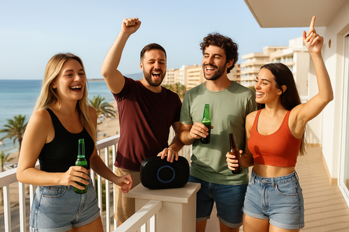 Freundesgruppe auf einem Hotelbalkon in Mallorca, die mit einer Musikbox Ballermann Lieder hört und feiert.
