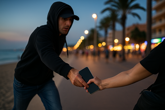 Dieb entreißt Touristin bei Sonnenuntergang das Handy auf der Promenade von Mallorca – Symbolbild für Handy-Diebstahl und Sicherheitstipps im Partyurlaub