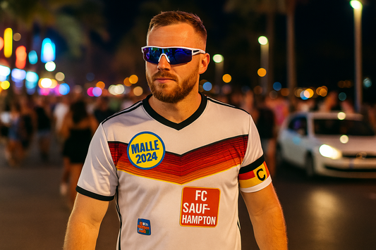 Partyurlauber auf Mallorca bei Nacht mit schneller Brille, Deutschland-Kapitänsbinde und Trikot, verziert mit Malle-Stickern auf der belebten Promenade
