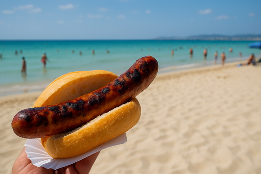 Bratwurst im Brötchen am Strand von Mallorca mit Blick auf das Meer am Ballermann