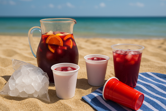Günstig trinken am Ballermann – DIY-Sangria mit Eiswürfeln und Bechern am Strand