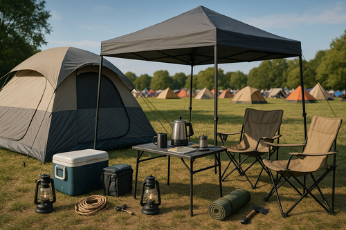 Festivalcamp mit Pavillon und bunten Campingstühlen, dekoriert mit lustigen Aufklebern, vor Zelten und Kühlerbox auf einer sonnigen Festivalwiese