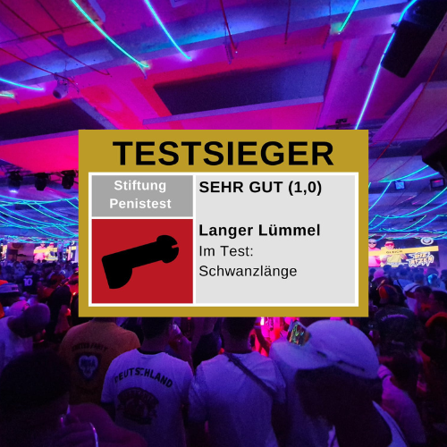 Testsieger Aufkleber mit Aufschrift „Langer Penis– Sehr gut (1,0)“ – humorvoller Malle Sticker für den Ballermann.