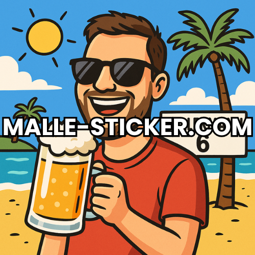 Illustration eines lachenden Mannes mit Sonnenbrille und Bierkrug am Strand mit Palmen – das Logo von malle-sticker.com bringt das Ballermann-Feeling auf den Punkt.