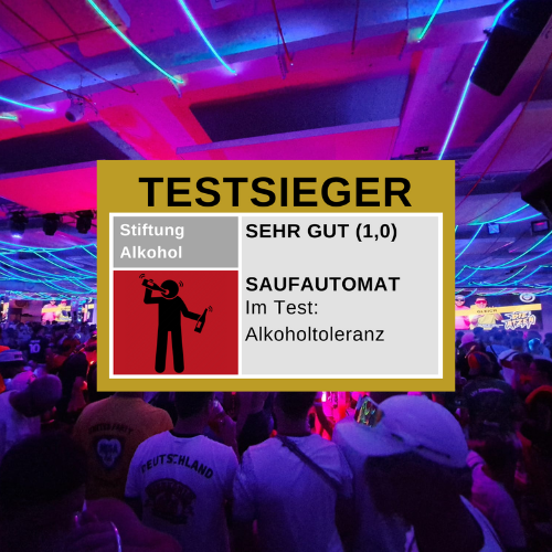 Lustiger Saufautomat Testsieger Aufkleber – perfekt für Malle, Ballermann, Bierkönig und Festivals. Der Sticker für den Tagesvollsten in der Runde.