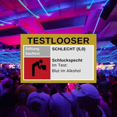 Lustiger Ballermann Sticker „Schluckspecht – Ungenügend im Sauftest“, zeigt eine kotzende Figur – ideal für Ballermann-JGAs und peinliche Partyfreunde