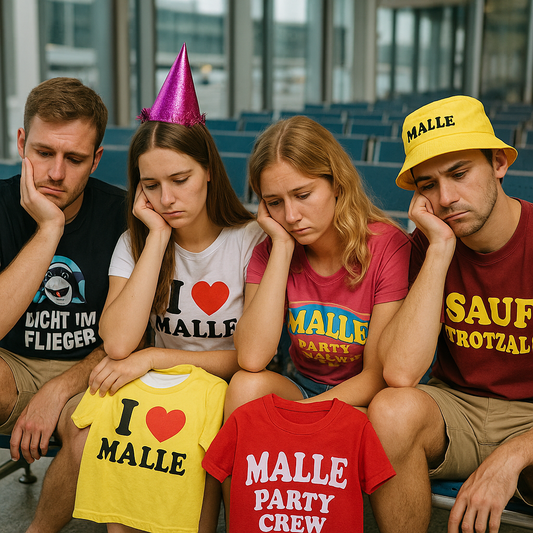 Freunde sitzen traurig am Flughafen nach dem Ballermann-Urlaub und blicken auf ihre Malle-Shirts – Symbol für die After-Malle-Depression.