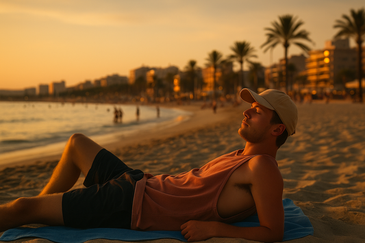 Junger Mann liegt entspannt auf einem Handtuch am Strand von Ballermann bei Sonnenuntergang, mit Kappe im Gesicht und Blick aufs Meer; im Hintergrund Palmen, Promenade und weiches Abendlicht.