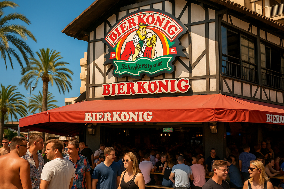Eingangsbereich des Bierkönig auf Mallorca mit Feiernden vor dem Gebäude – bekannteste Partylocation an der Schinkenstraße am Ballermann