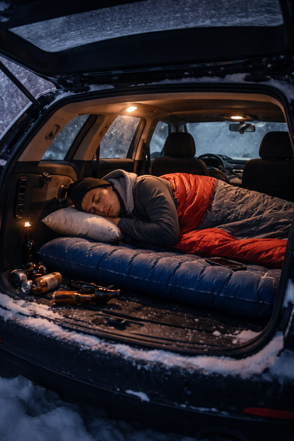 Person schläft nach dem Saufen Auto mit umgeklappter Rückbank, Luftmatratze und Schlafsack im Winter – Beispiel für im Auto schlafen nach dem Saufen