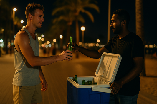 Tourist kauft nachts an der Playa de Palma Bier aus einer Kühlbox – alternative Möglichkeit, nach 21 Uhr am Ballermann Alkohol zu bekommen, trotz Verkaufsverbot.