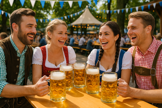 Tipps für Frauen auf den Wiesn – Freundesgruppe in Tracht im Biergarten beim Oktoberfest 2025 mit Maßkrügen