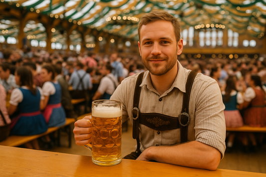 Querformat-Foto vom Oktoberfest 2025: Besucher in Lederhose sitzt im vollen Festzelt an einem Tisch und hält eine Maß Bier, umgeben von Wiesn-Stimmung und Trachten.