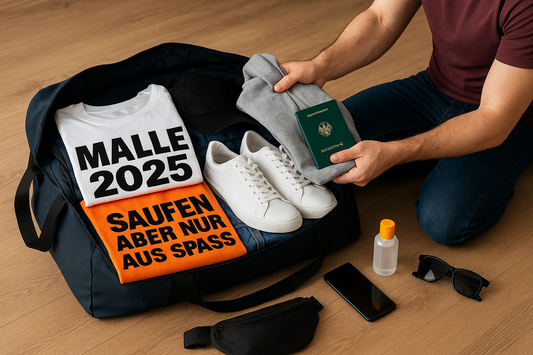 Packliste Malle Closing 2025: Mann packt Tasche mit Hoodie, Sneakern, Pass, Bauchtasche und Malle-T-Shirts für den Saisonabschluss am Ballermann.