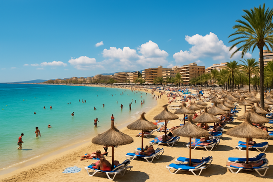 Strand von Mallorca an der Playa de Palma mit Blick auf Ballermann, türkisblauem Meer, Sonnenschirmen und Urlaubern – perfekter Ort für Gadgets wie Handyhülle, Mikrofaserhandtuch und Musikbox