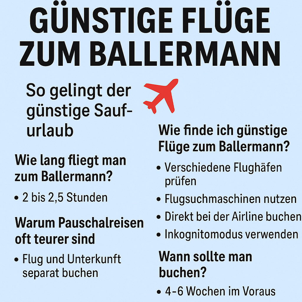 Übersicht mit Tipps für günstige Flüge zum Ballermann, inklusive Flugzeit, Buchungszeitpunkt, Flughäfen und Nutzung von Flugsuchmaschinen.