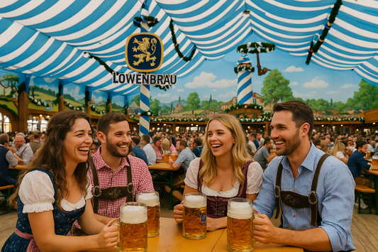 Oktoberfest 2025 im Löwenbräuzelt – Freundesgruppe in Tracht mit Maßkrügen lacht an einem Tisch, ausgelassene Stimmung im Wiesnzelt
