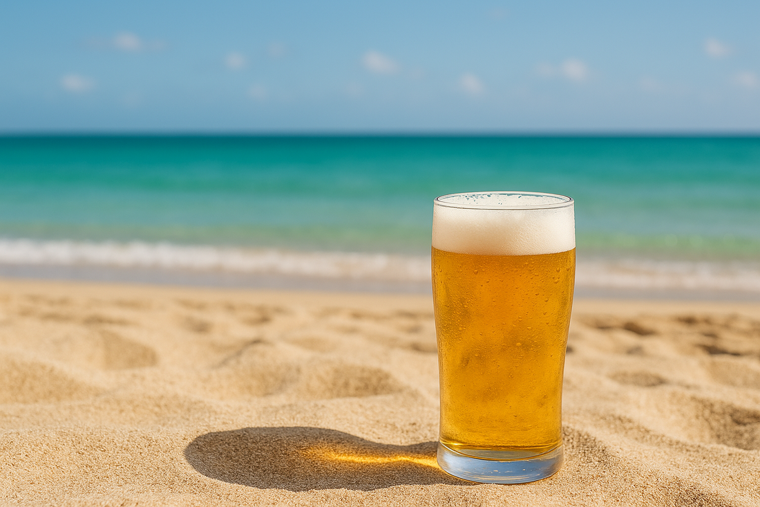 Ein kaltes Bier steht im Sand am Strand von Mallorca mit Blick aufs türkisblaue Meer – perfektes Symbol für günstigen Genuss am Ballermann.