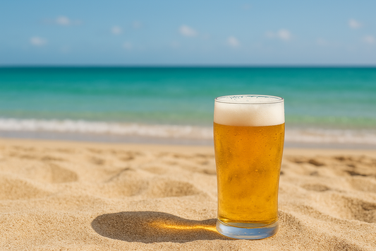 Ein kaltes Bier steht im Sand am Strand von Mallorca mit Blick aufs türkisblaue Meer – perfektes Symbol für günstigen Genuss am Ballermann.