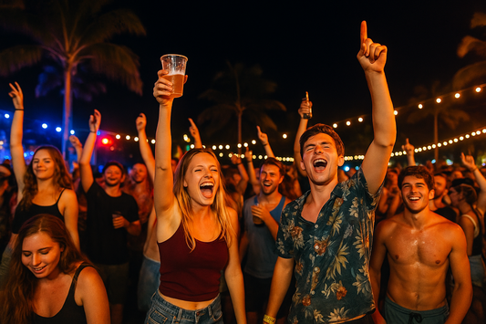 Junge Menschen feiern bei einer nächtlichen Strandparty unter Lichterketten – perfekte Stimmung für einen günstigen Partyurlaub wie am Goldstrand, Festival oder in Siofok
