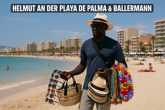 Helmut am Ballermann auf Mallorca verkauft Sonnenbrillen, Hüte und Ketten an der Playa de Palma – typischer Helmut auf Malle.