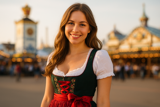 Frau im Dirndl mit roter Schleife – Bedeutung Dirndlschleife Oktoberfest 2025 erklärt, traditioneller Look auf der Wiesn mit Trachten-Details.