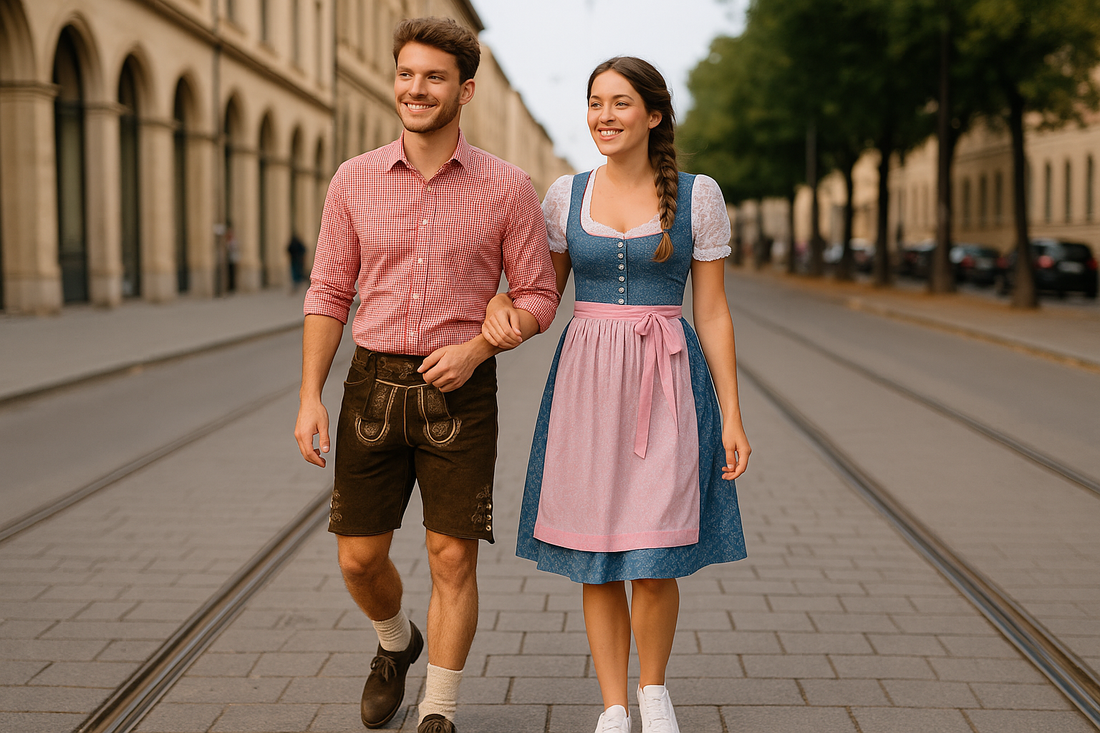 Oktoberfest 2025 Dresscode – Mann in Lederhose mit kariertem Trachtenhemd und Frau im blauen Dirndl mit rosa Schürze, beide im Querformat aufgenommen, traditionelles Wiesn-Outfit.