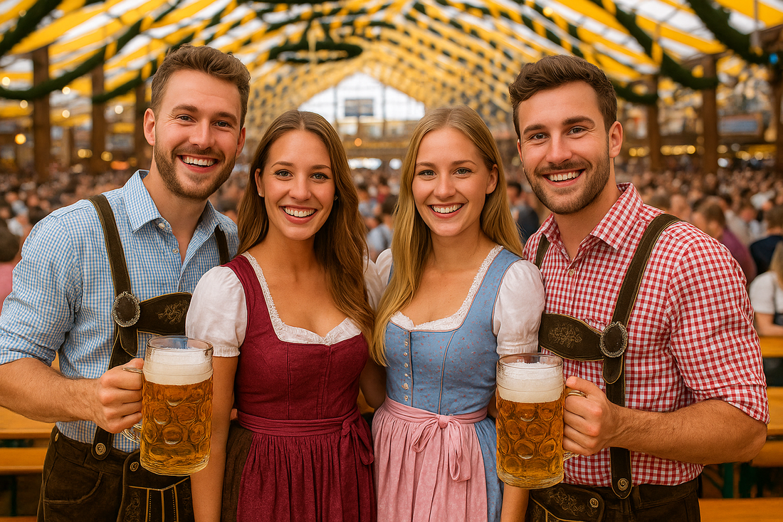 Freundesgruppe beim Oktoberfest 2025 in München im Festzelt – Männer in Lederhosen, Frauen in Dirndl, mit Maß Bier in der Hand, typische Wiesn-Stimmung und Trachten.