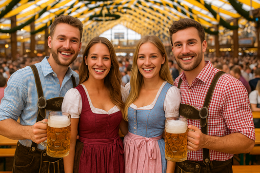 Freundesgruppe beim Oktoberfest 2025 in München im Festzelt – Männer in Lederhosen, Frauen in Dirndl, mit Maß Bier in der Hand, typische Wiesn-Stimmung und Trachten.