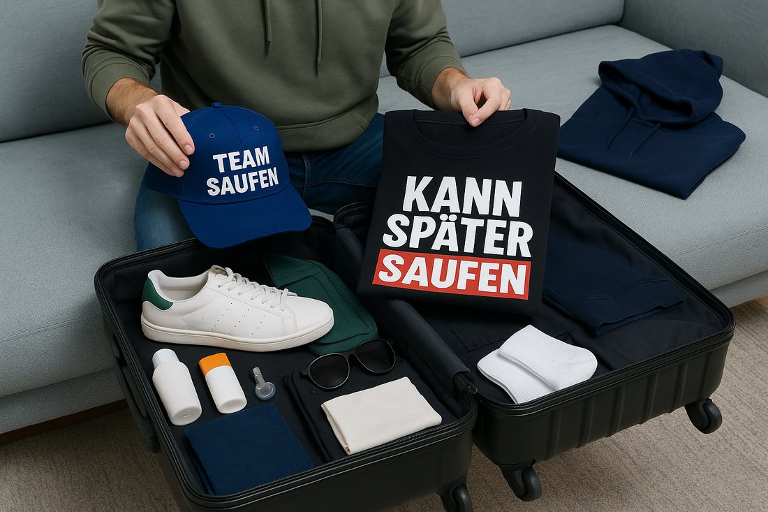 Ein Mann packt seinen Koffer für den Ballermann-Urlaub mit Cap, Saufshirt, Bauchtasche, Tennissocken und Sonnencreme – alles, was man für Malle wirklich braucht.