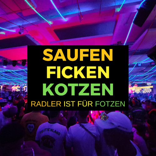 Sticker mit der Aufschrift „Saufen. Ficken. Kotzen.“ – provokanter Malle Aufkleber für Ballermann, Festivals & JGAs. Der perfekte Party Sticker für echte Feierbiester.

