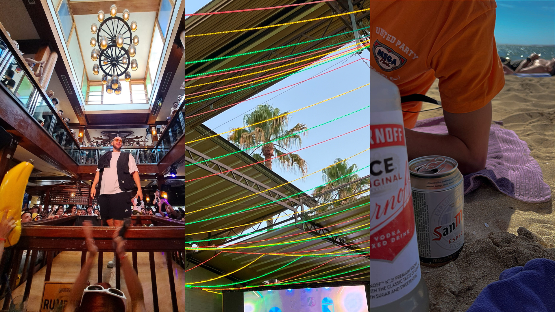 Drei Malle-Momente in einem Bild: Party im Bierkönig, bunte Lichter mit Palmenfeeling und chillen mit Dosenbier am Strand – das Lebensgefühl hinter den Malle Stickern.